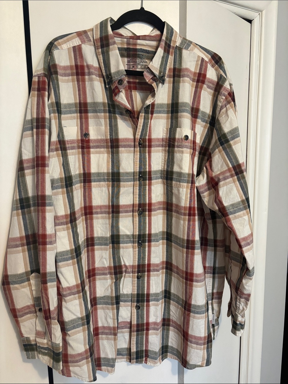 Men's Casual Plaid Button-Down Shirt - Cream with Red & Green Checks